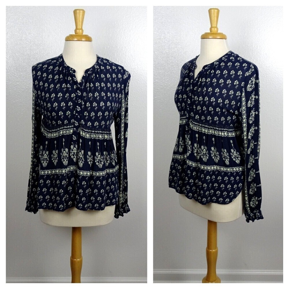 ZARA Trafaluc Collection Boho Peasant Top Floral Flowy Oversized Navy Size XS
